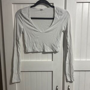 Garage Gray Cream Fitted Long Sleeve Crop Blouse